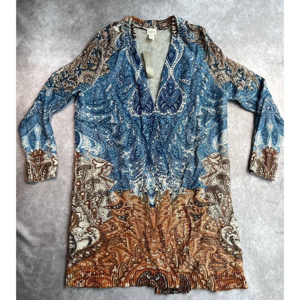 NWT Chico's Petite Paisley Print Long Cardigan Open Front Size 2 Blue Brown